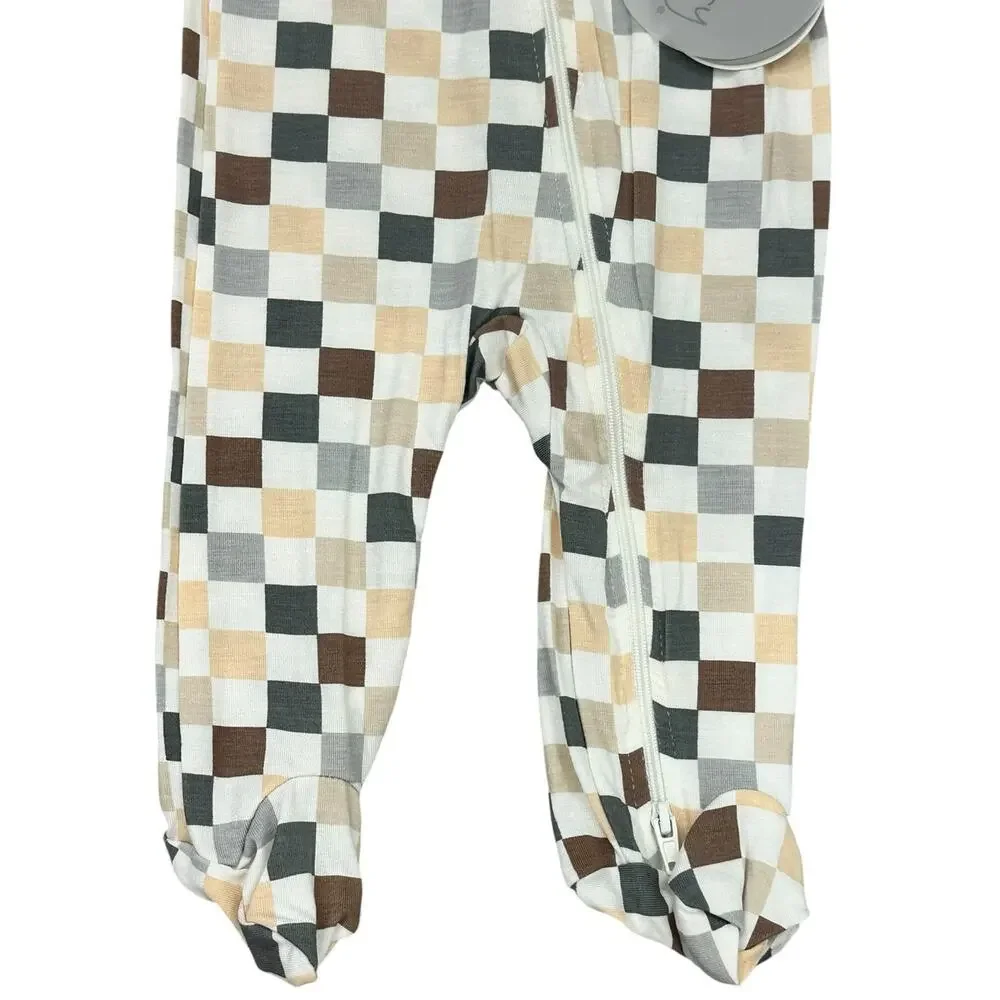 MILKBERRY Neutral Checkered Bamboo Zipper Footie 3-6m NWT